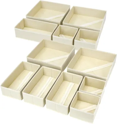 DIMJ Drawer Organizer Clothes, 12 Pack Dresser Organizer, Foldable Closet Organizers and Storage, Fabric Dresser Bins, Drawer Dividers for Nursery, Baby Clothes, Underwears, Sock (Beige)